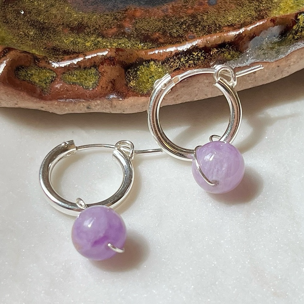 Sterling Silver Huggie Hoops with Birthstone Charms / Natural Crystal Charms
